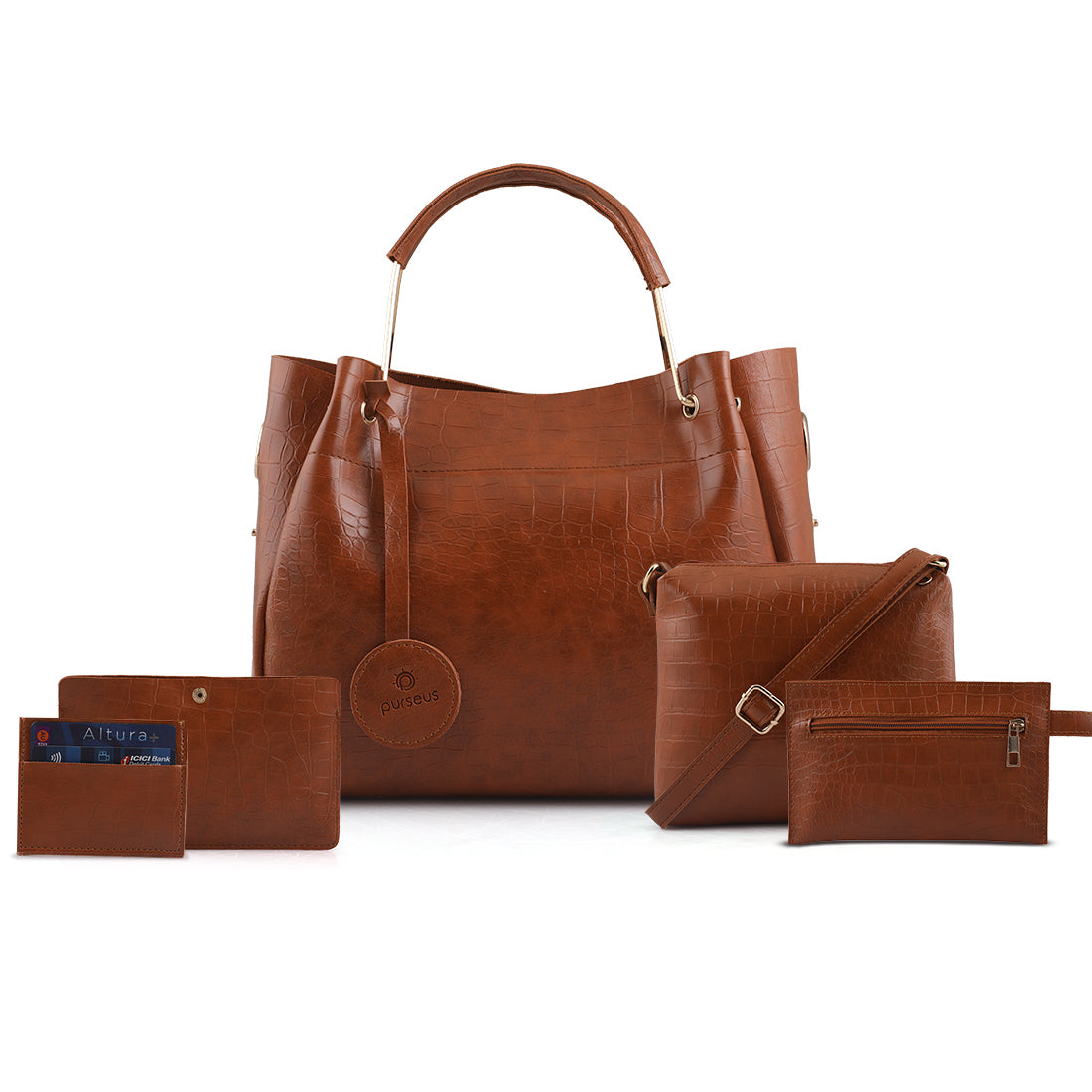 Women's Fine Textured Tote Bag Combo- Tan