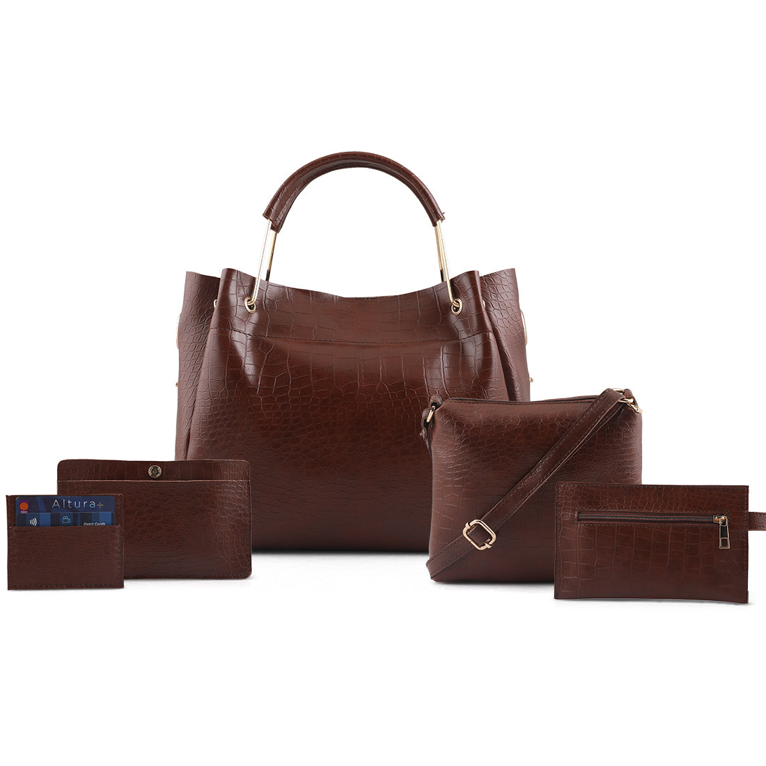 Women's Fine Textured Tote Bag Combo- Dark Brown